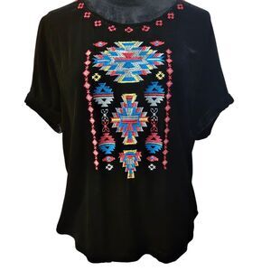 Ryan Michaels L Silk Rayon Top Black Velvet Aztec Embroidery Whimsigoth Western